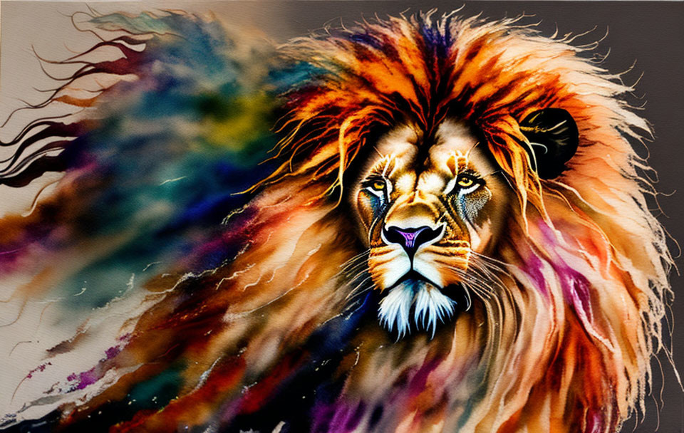 Colorful Lion Painting with Vibrant Flowing Mane