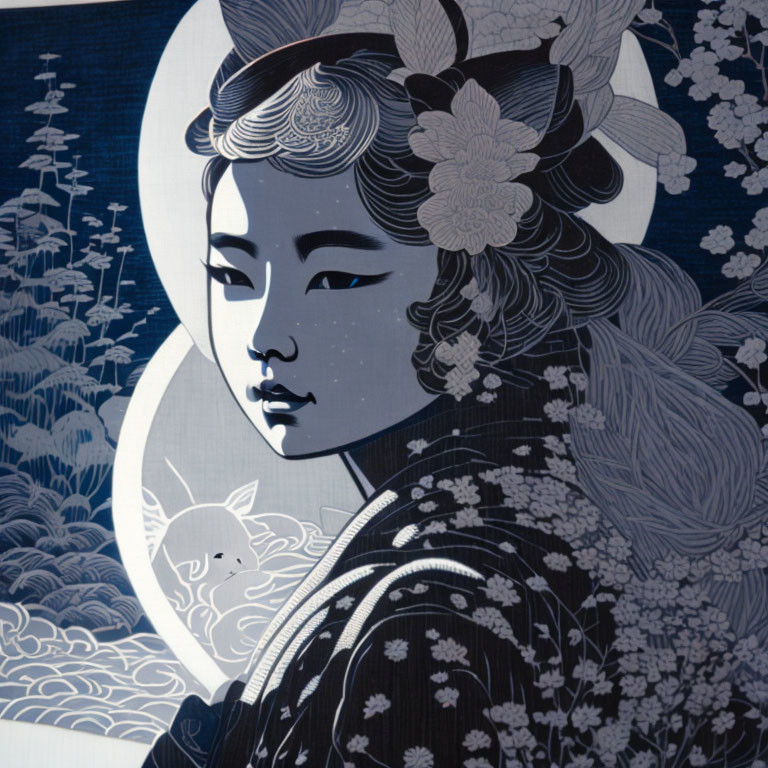 Illustration of woman in traditional attire with floral patterns in moonlit landscape.