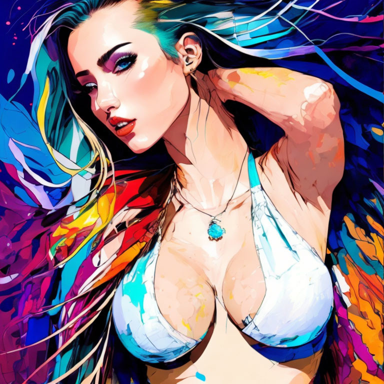 Vibrant illustration of woman in white top with colorful paint splash background