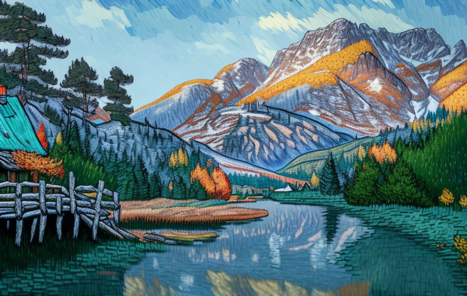 Colorful Foliage Mountains & Lake Scene with Cabin