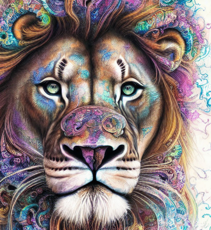 Colorful Lion Face Artwork with Intricate Patterns and Vibrant Spectrum of Colors