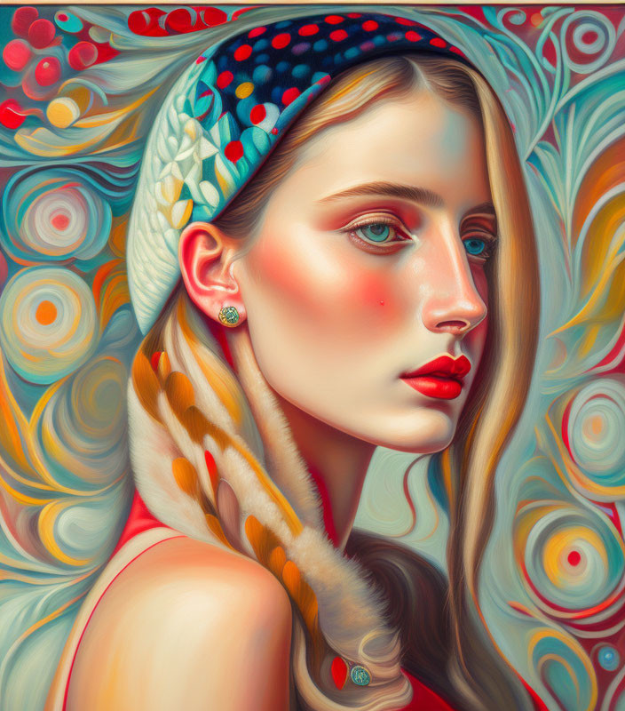 Colorful portrait of a woman with red lips and headband against ornate background