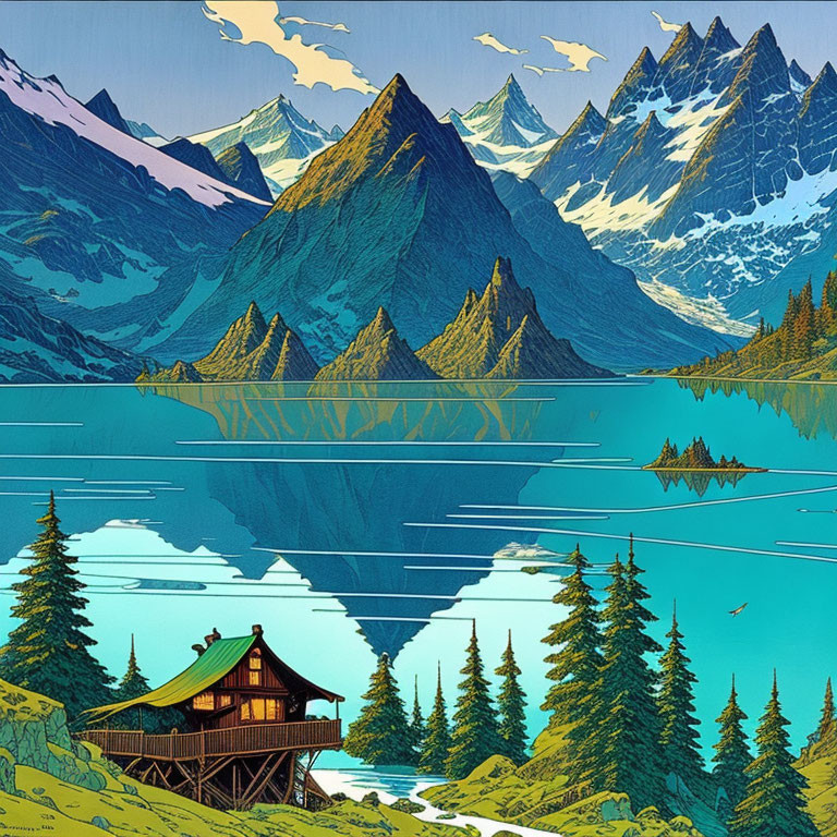 Scenic mountain landscape with mirrored lake, pine trees, cabin, and floating islands