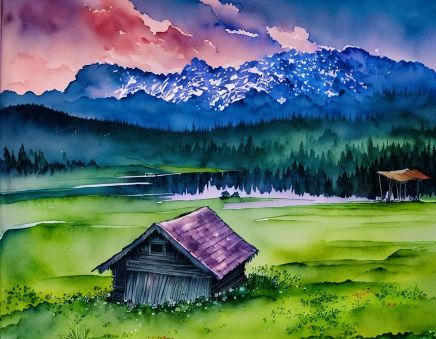 Serene landscape watercolor painting with cabin, lake, mountains, and sunset