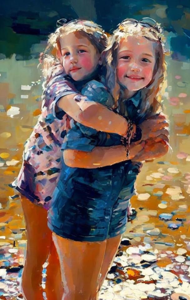 Two Smiling Girls Hugging in Colorful Background