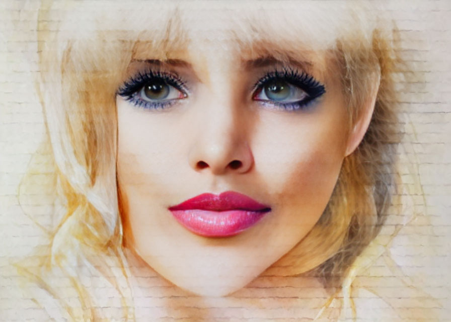 Close-Up Portrait of Woman with Blue Eyes, Blonde Hair, and Pink Lipstick
