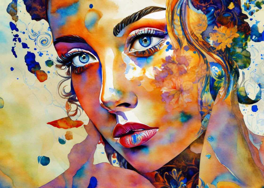 Colorful Watercolor Portrait of Woman with Blue Eyes and Floral Patterns