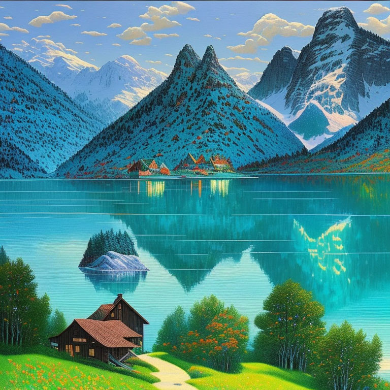 Scenic alpine lake painting with mountain reflection, cabin, and trees