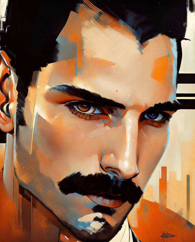 Man with Prominent Mustache in Artistic Portrait with Intense Gaze