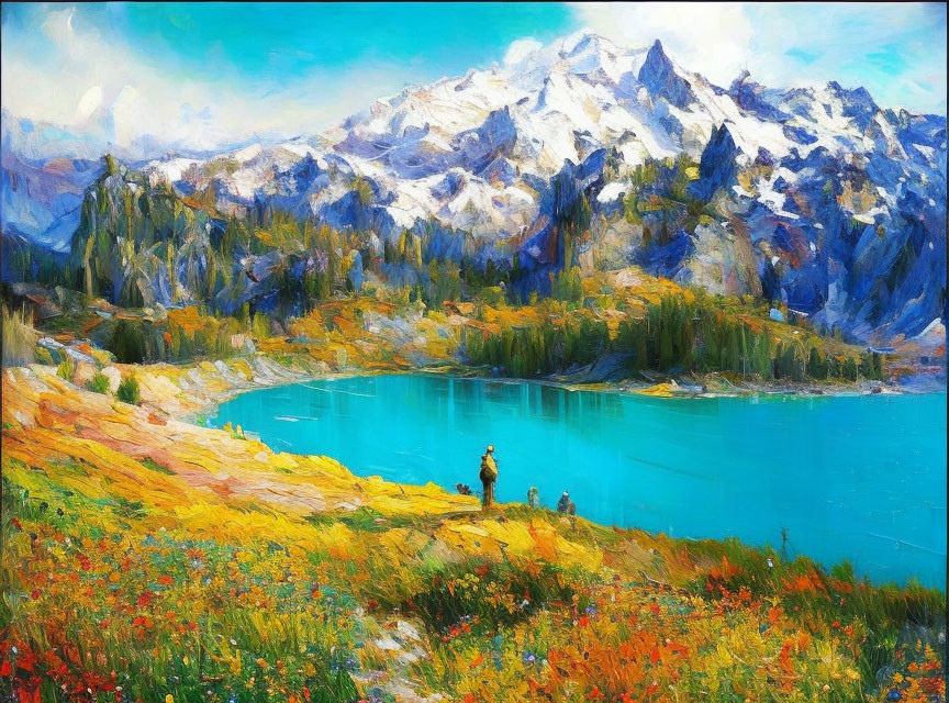 Colorful painting: Person by turquoise lake, snow-capped peaks