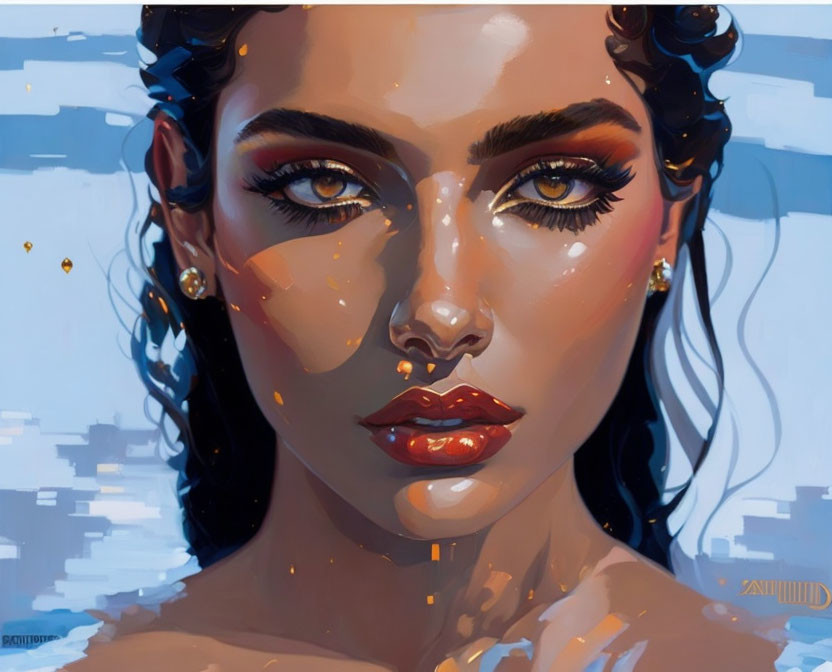 Digital painting: Woman with golden-brown eyes, red lips, blue background