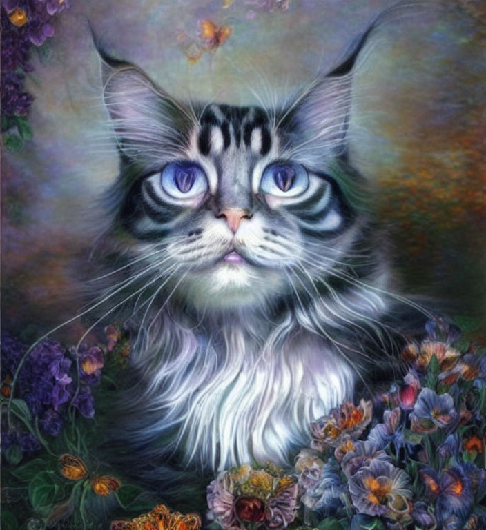 Whimsical cat painting with human-like eyes and colorful flowers