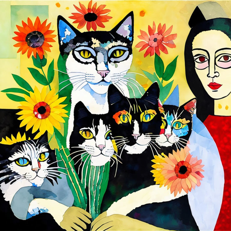 Vibrant painting of woman, cats, and flowers on yellow background