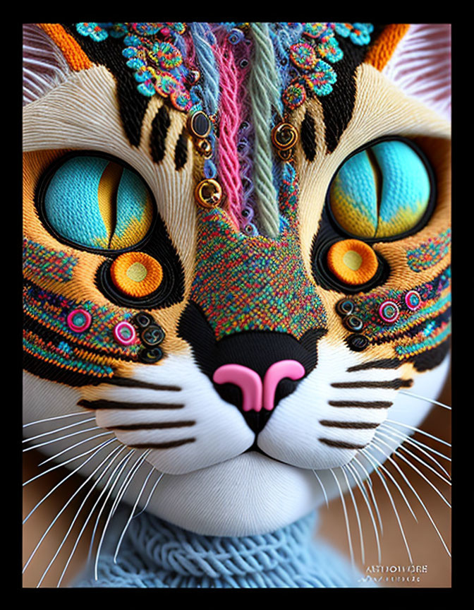 Vibrant cat face artwork with intricate patterns and blue eyes