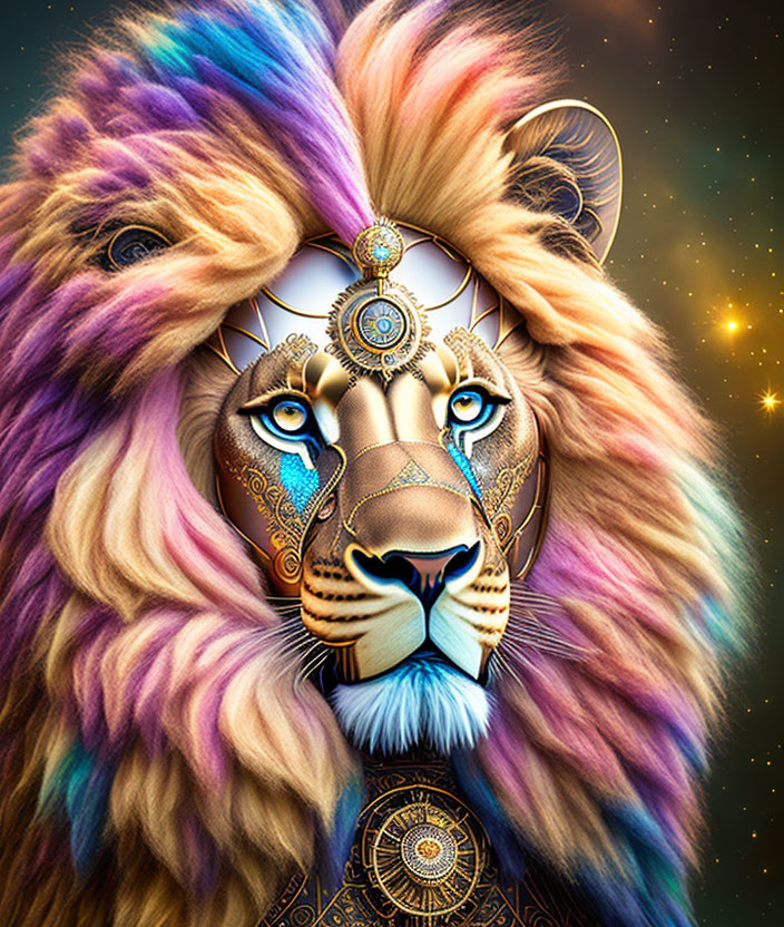 Colorful Lion Illustration with Purple, Blue, and Gold Mane and Tribal Patterns