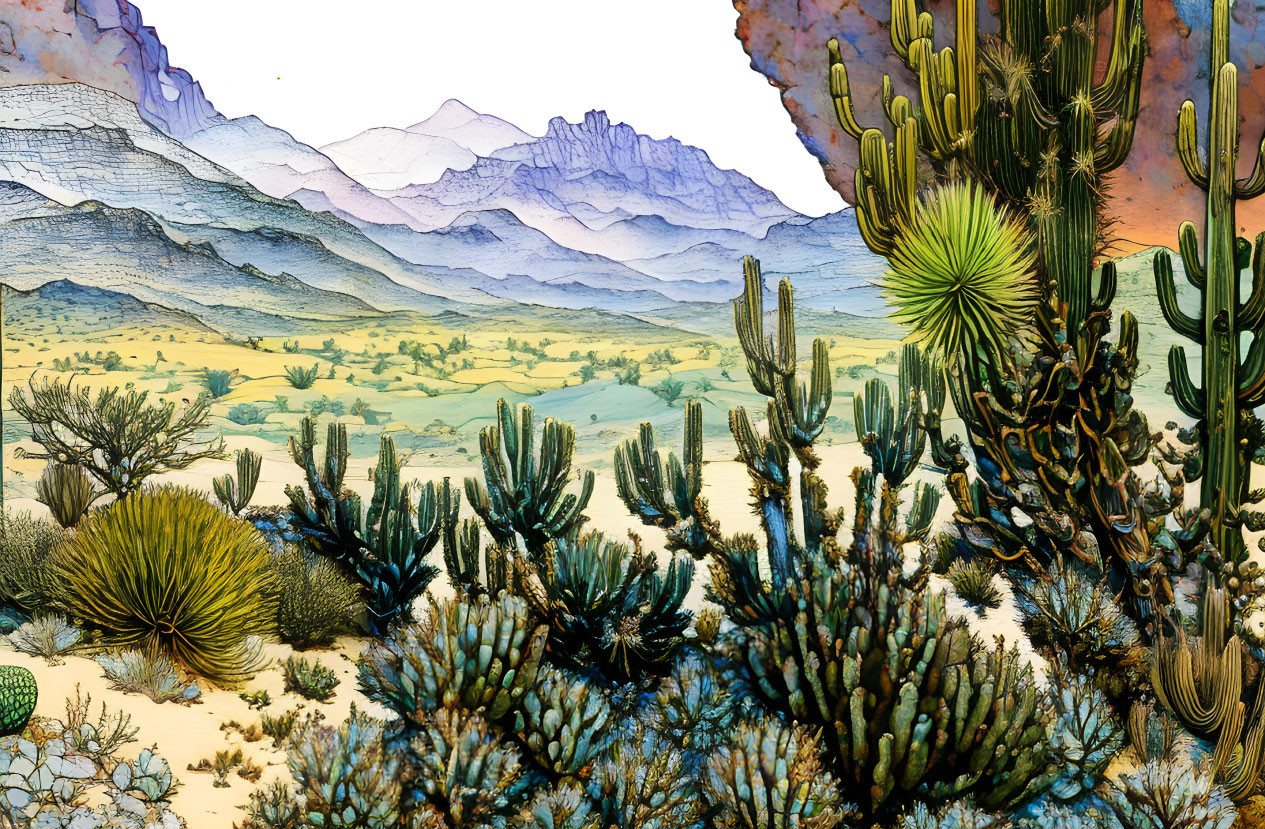 Colorful desert landscape with cacti and mountains under sunny sky