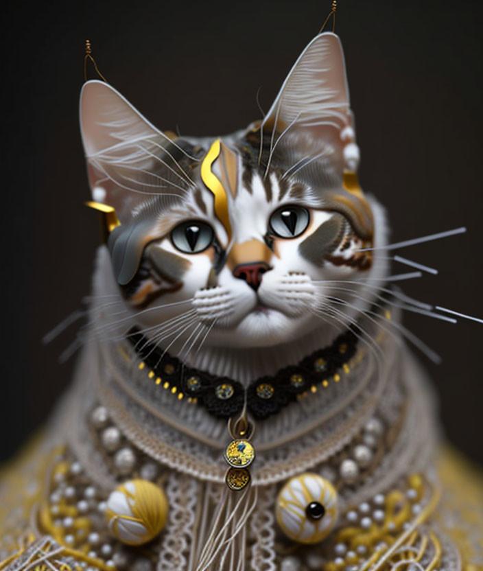 Regal cat digital art with gold and pearl ornaments