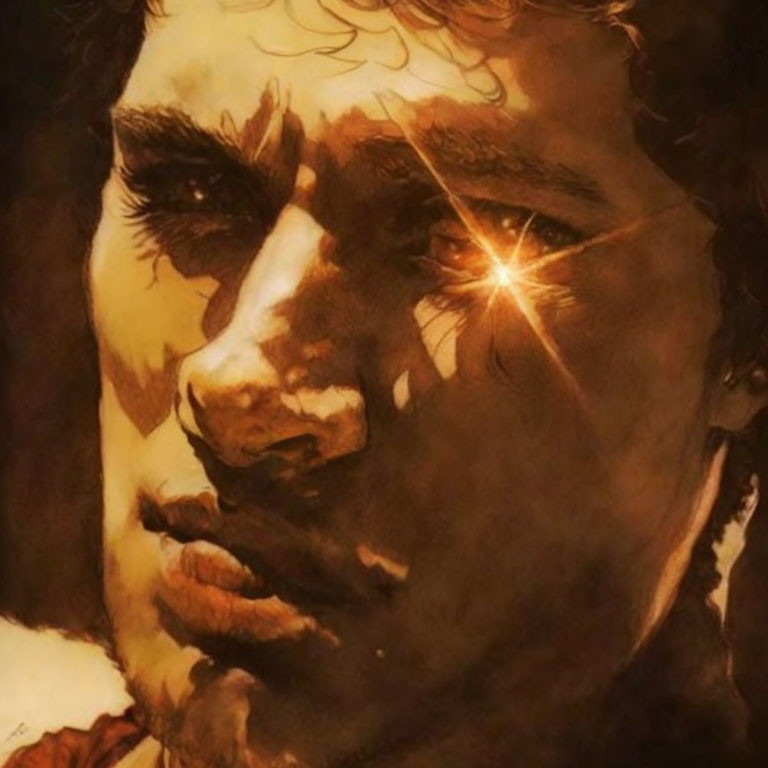 Male figure with intense gaze and dramatic lighting on eye.