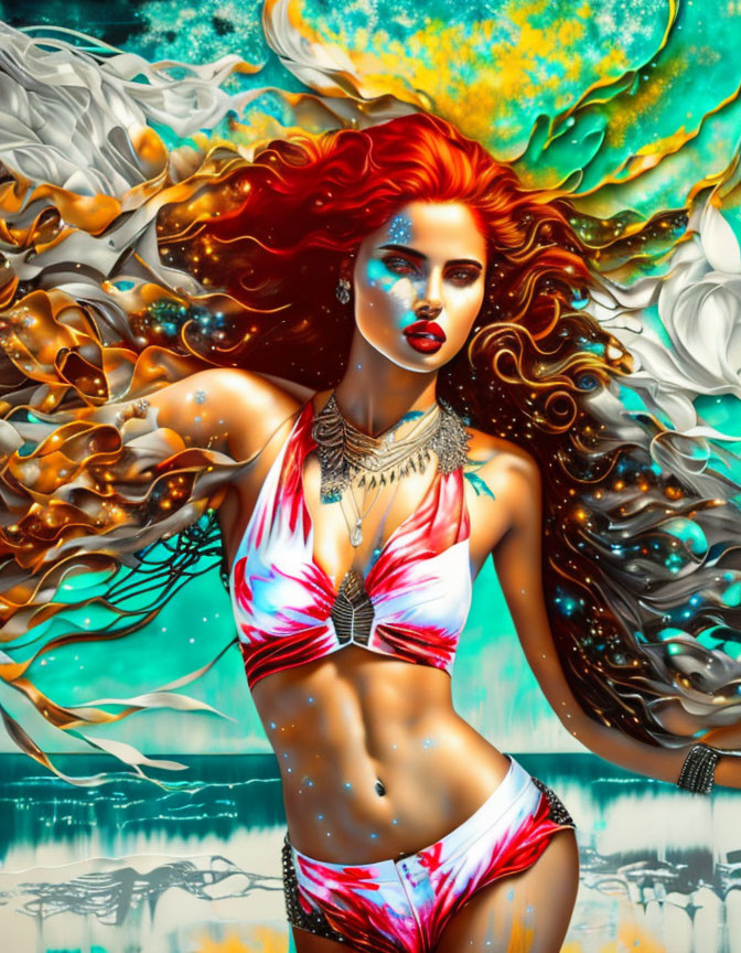 Vibrant digital artwork: Woman with red hair in tribal necklace, pink bikini, abstract marine backdrop