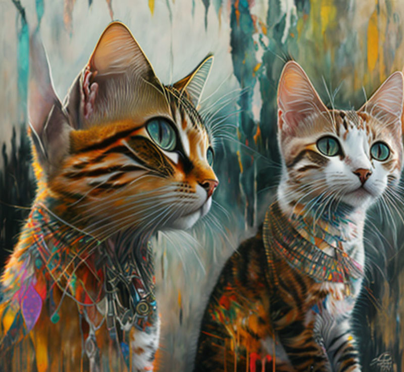 Stylized cats with intricate patterns and vivid colors against abstract background