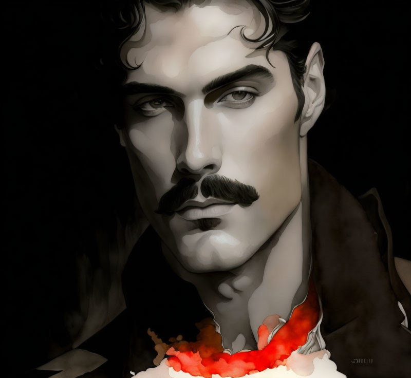 Detailed illustration of a man with styled mustache on dark background with red scarf