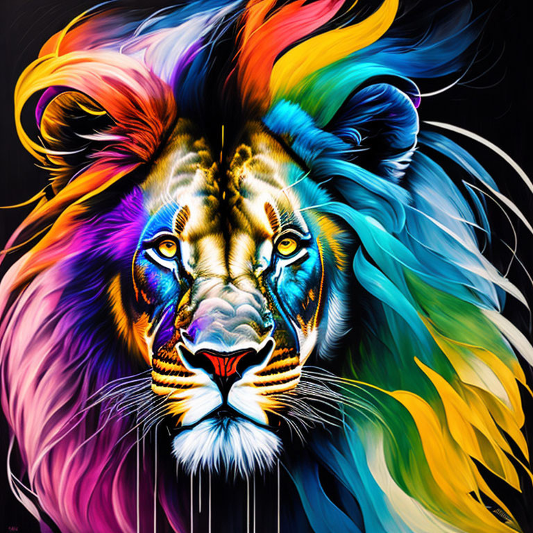 Colorful Lion Painting with Rainbow Mane on Black Background