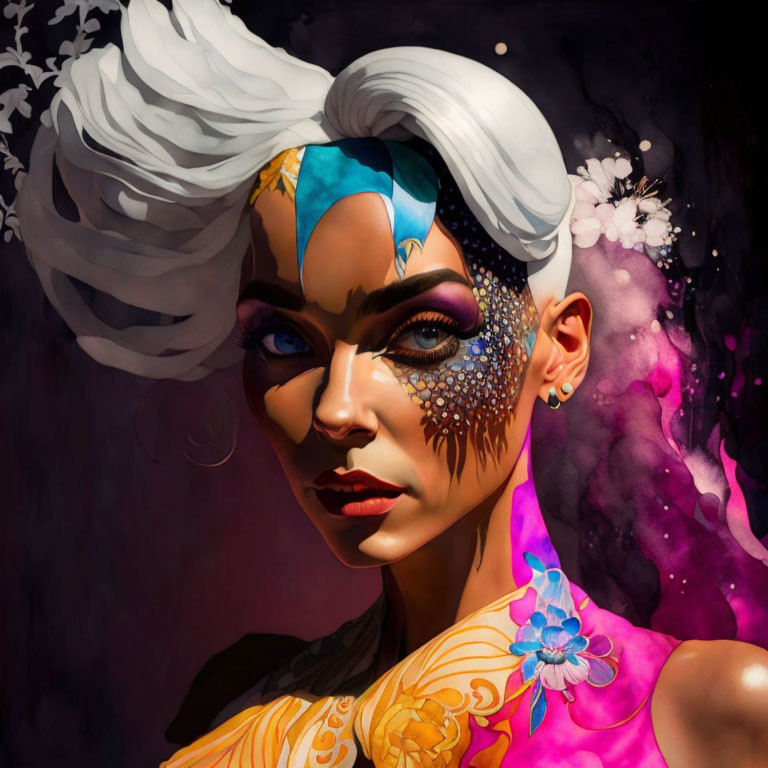 Colorful digital portrait: Woman with white hair, galaxy makeup, floral tattoo.