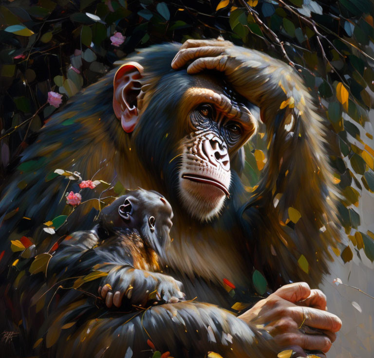 Hyper-realistic painting: Chimpanzee with baby in vibrant foliage.