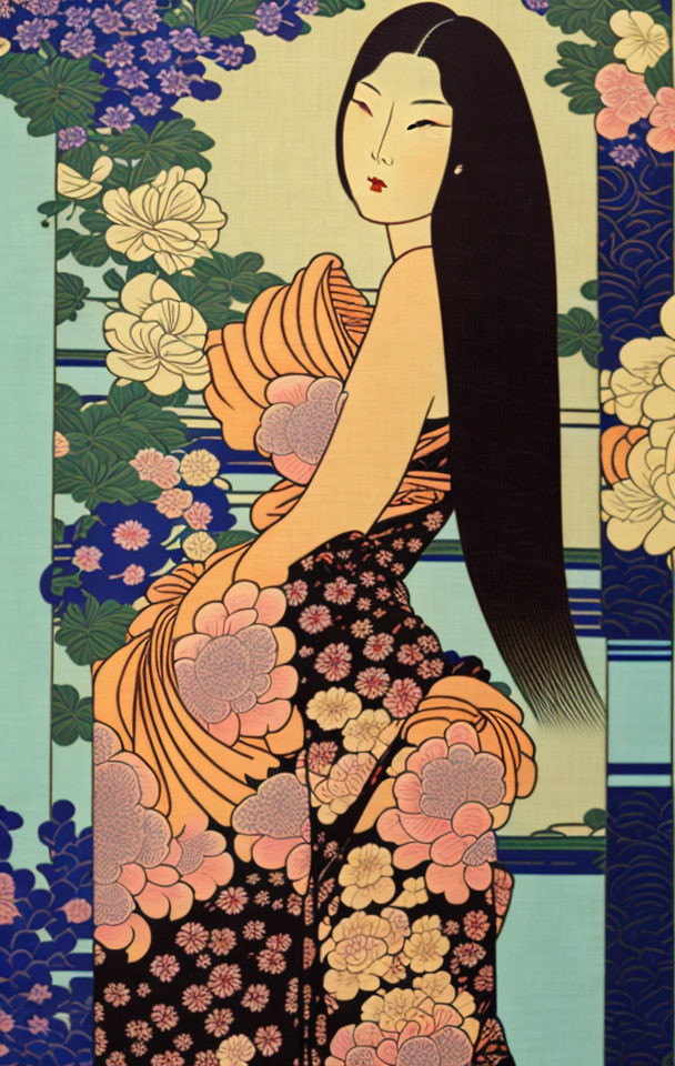 Illustration of woman in floral kimono with long black hair