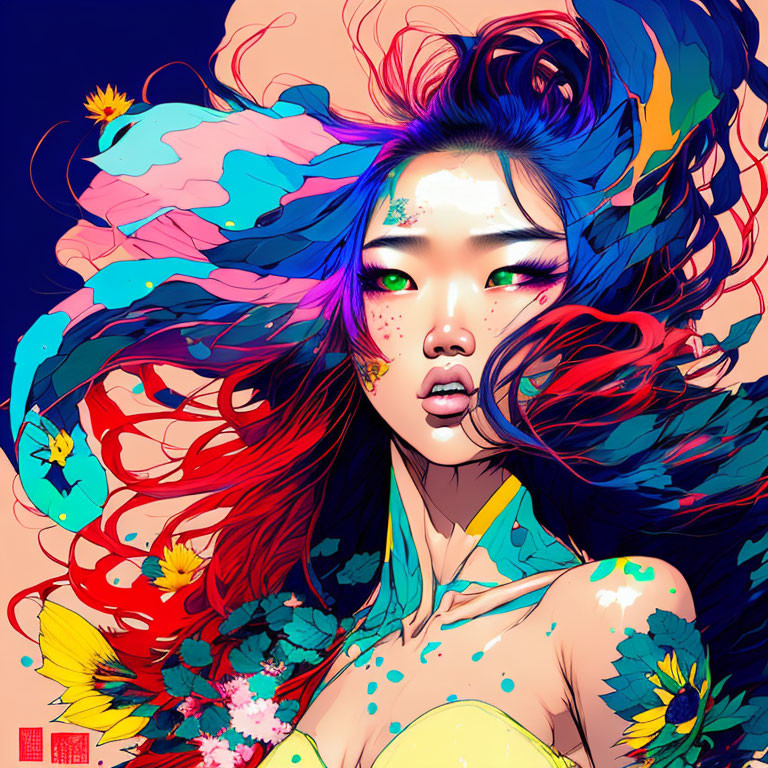 Vibrant portrait of a woman with flowing hair and flowers on red and blue backdrop