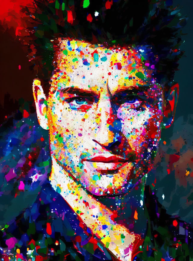 Colorful Speckled Digital Portrait of a Man on Dark Background