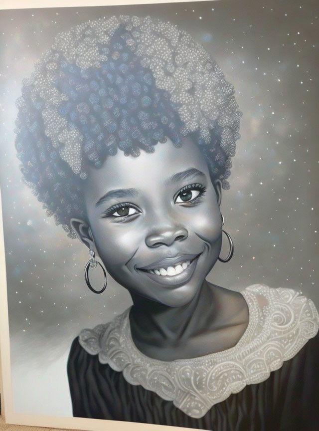 Monochromatic portrait of smiling girl with textured hair and starry highlights