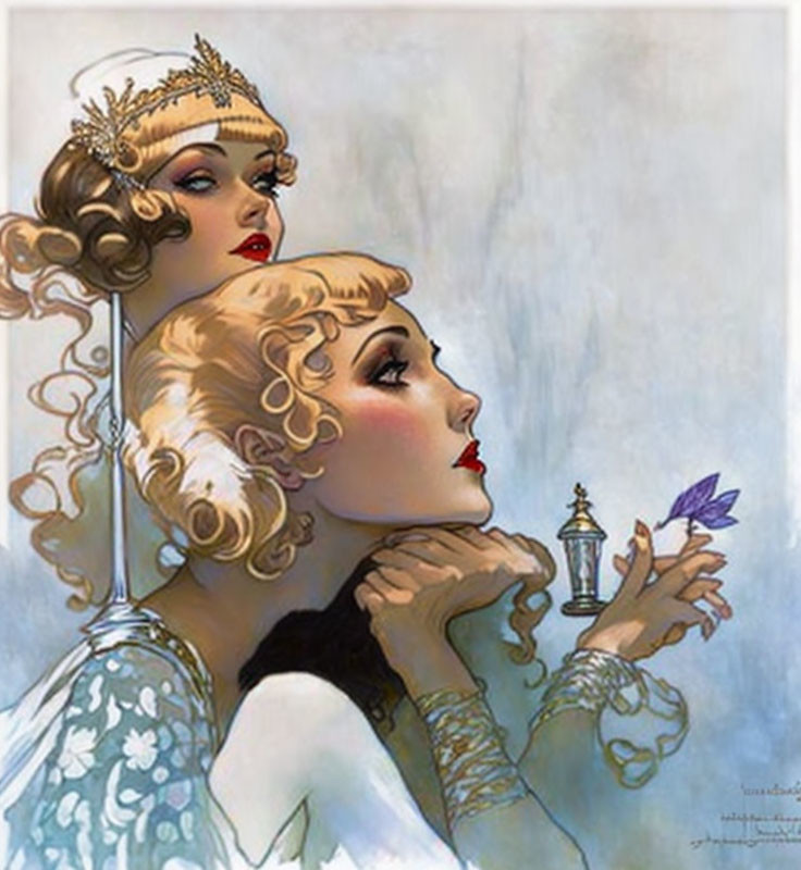 Vintage-style women with blonde wavy hair and elaborate headpieces admiring a butterfly in soft pastel