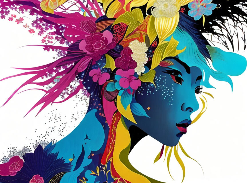 Blue-skinned woman with vibrant floral hair on white background