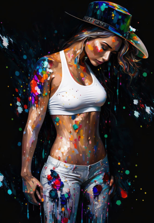 Colorful Splatter Design on Woman Against Black Background