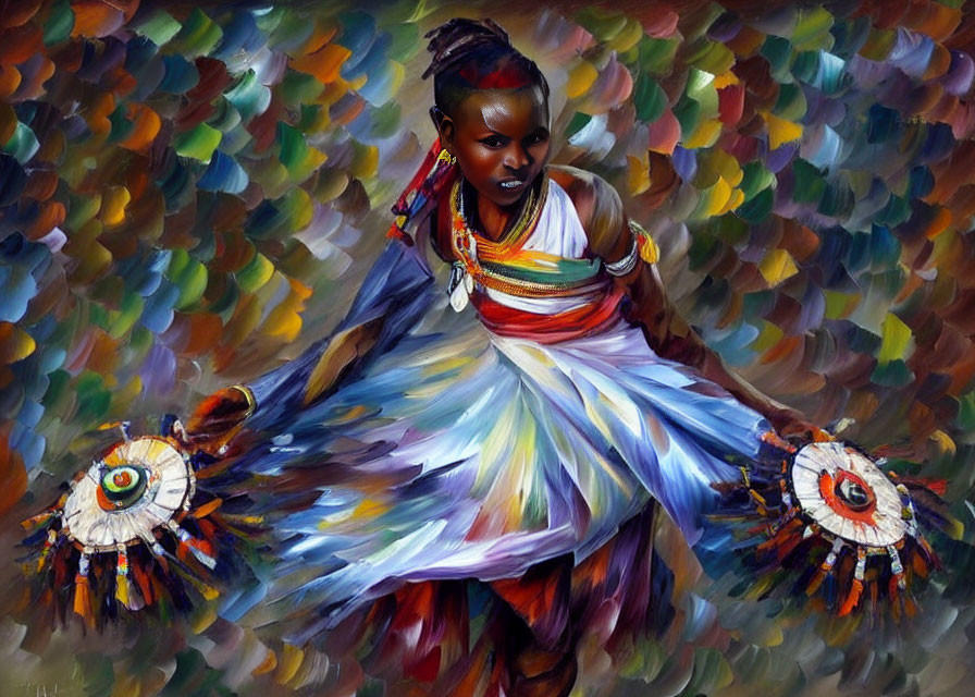 Colorful painting of a dancing woman in vibrant dress.