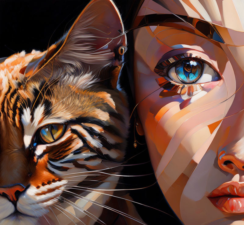 Artwork of woman's face merging with tiger, central eye, rich warm colors, sharp details