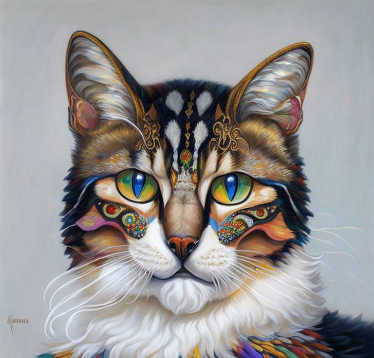 Detailed painting of a cat with vibrant green eyes and tribal-inspired fur patterns