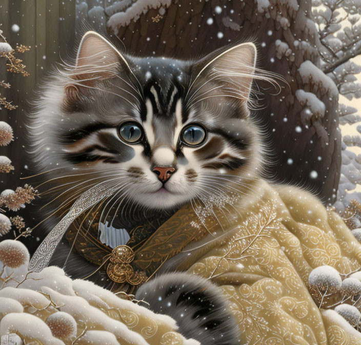 Fluffy cat with blue eyes in gold cloak on snowy background