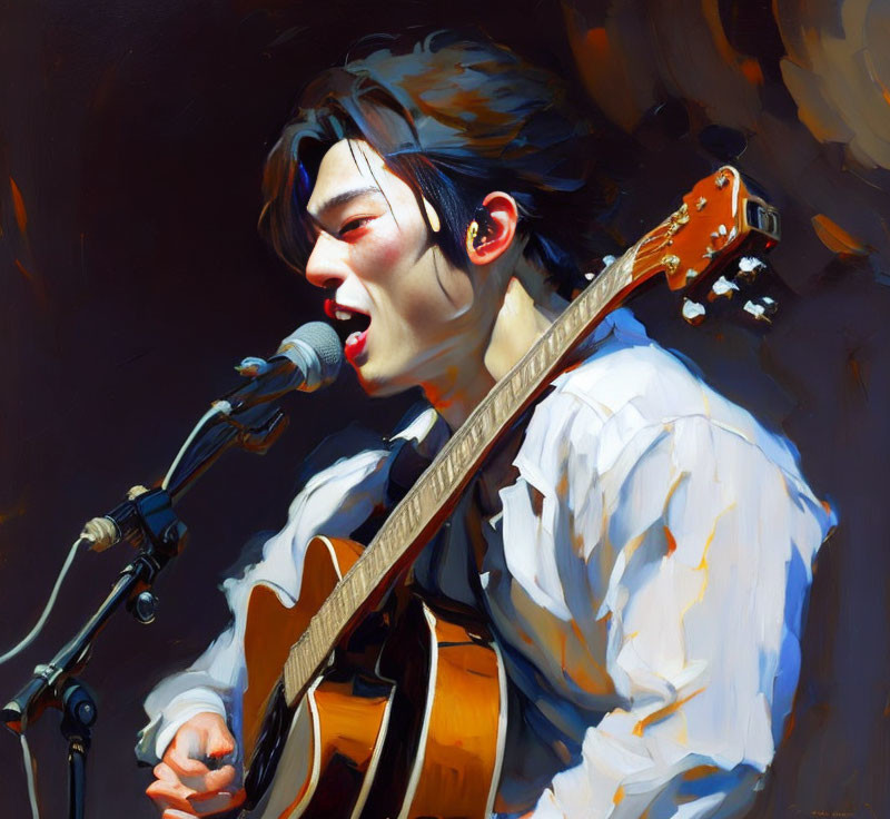 Man singing with guitar in vibrant realistic painting