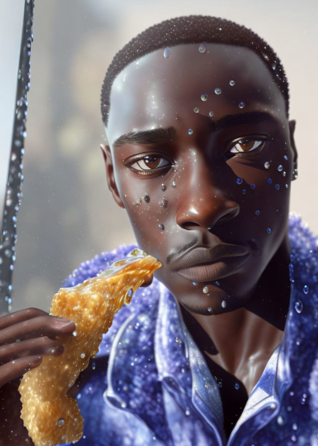 Digital portrait of person with glistening skin and water droplets, holding fried chicken, wearing blue jacket