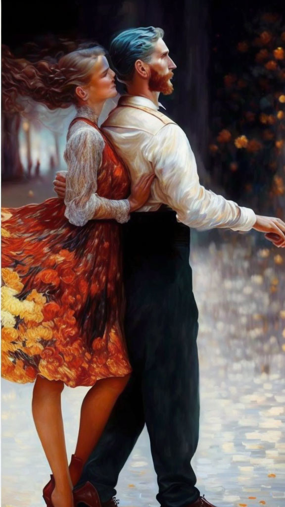 Couple in romantic embrace on tree-lined path with autumn leaf dress and teal hair color