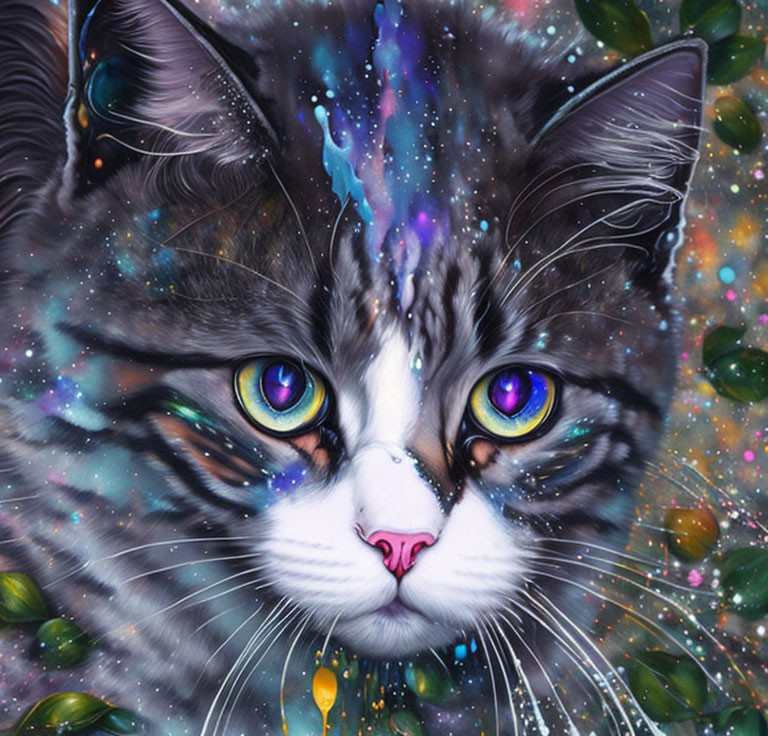 Cosmic Cat Artwork with Star-Filled Fur and Multicolored Eyes