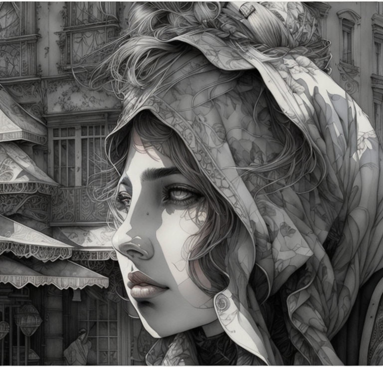 Monochromatic artwork of a woman with intricate headscarf pattern, looking sideways against ornate building