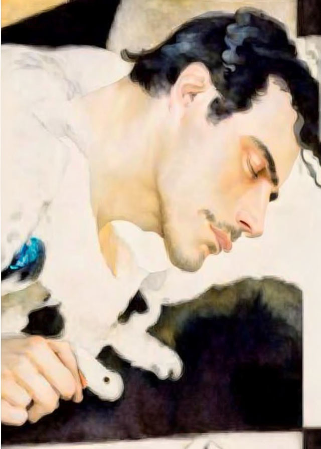 Stylized painting of a person with dark hair in contemplation