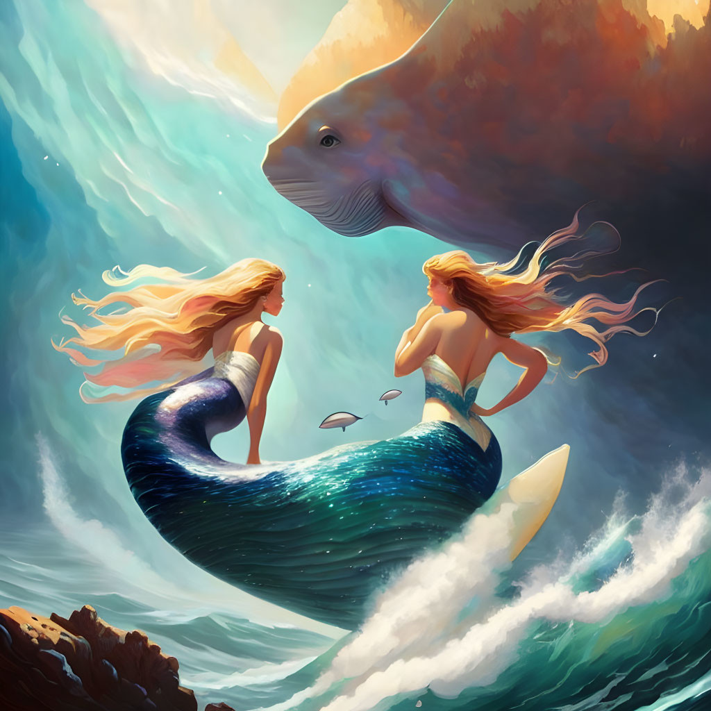 Mermaids chatting near whale in vivid underwater scene