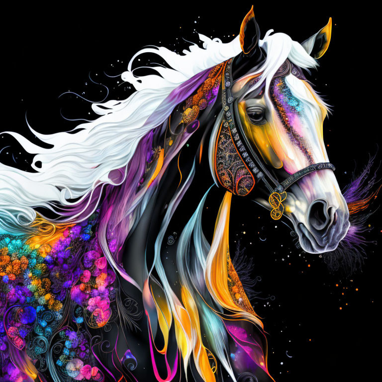 Colorful Horse Artwork with Floral Details on Black Background