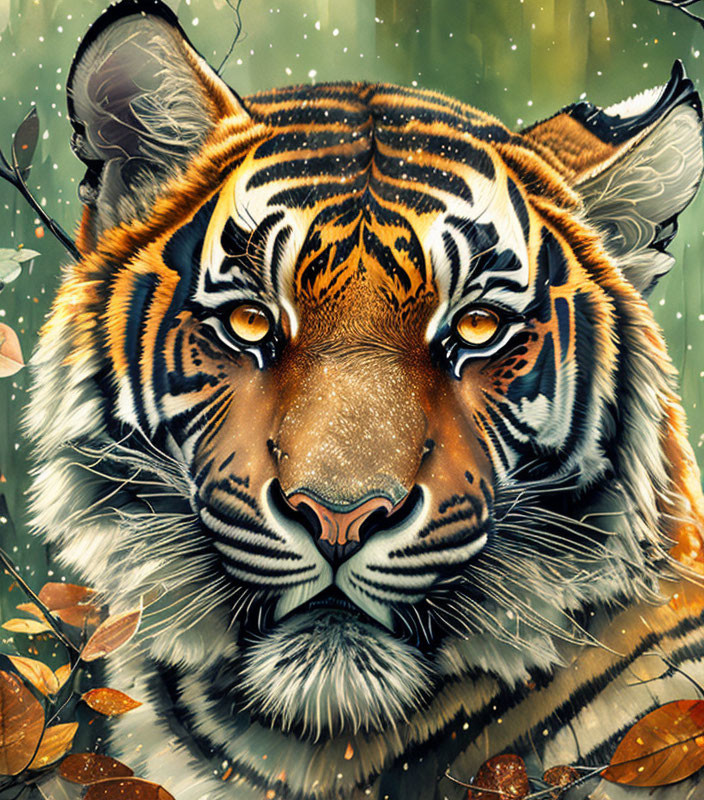 Detailed Close-Up Tiger Illustration Against Greenery Backdrop