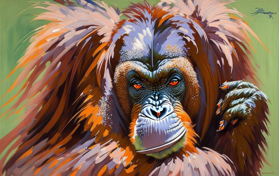 Colorful orangutan with blue eyes on green background