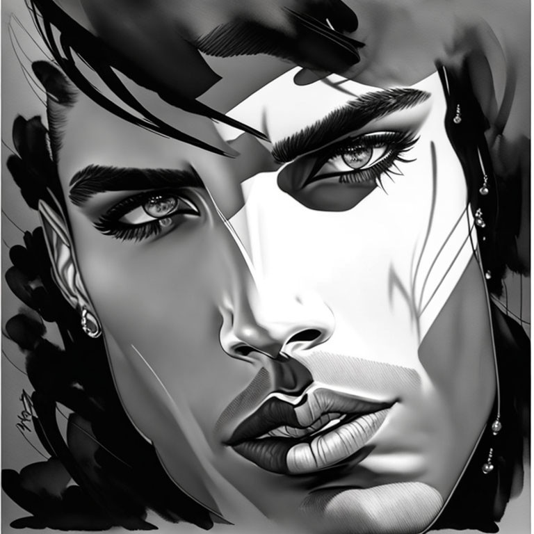 Monochromatic digital portrait of a person with intense eyes, strong eyebrows, prominent nose, full lips